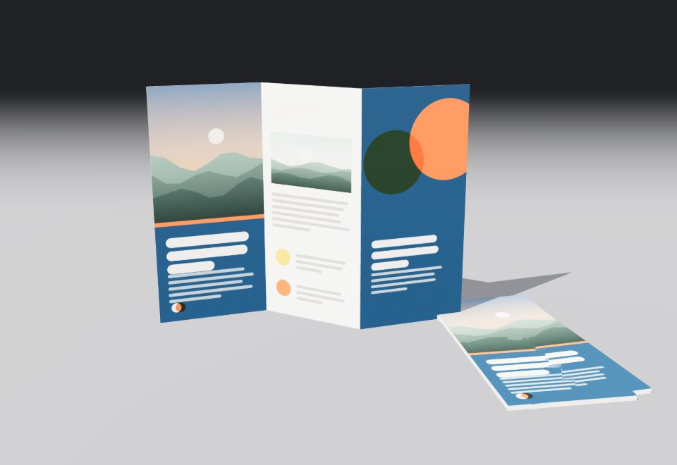 Tri-fold brochure beside a stack of folded copies