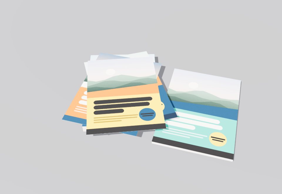 Stack of flyers with three sheets fanned on top