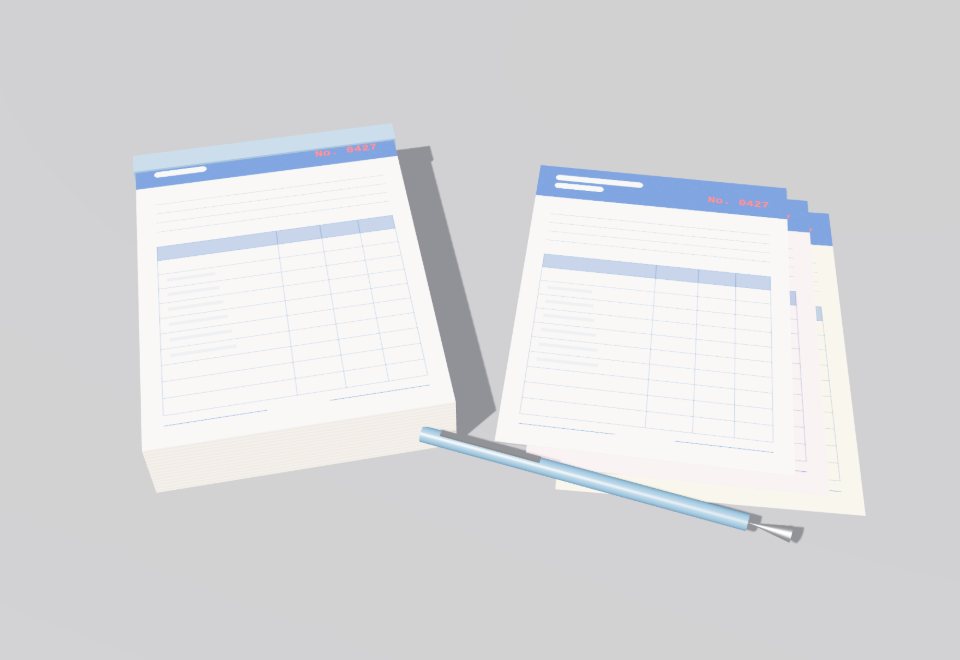 Carbonless bill book with loose copies and a pen